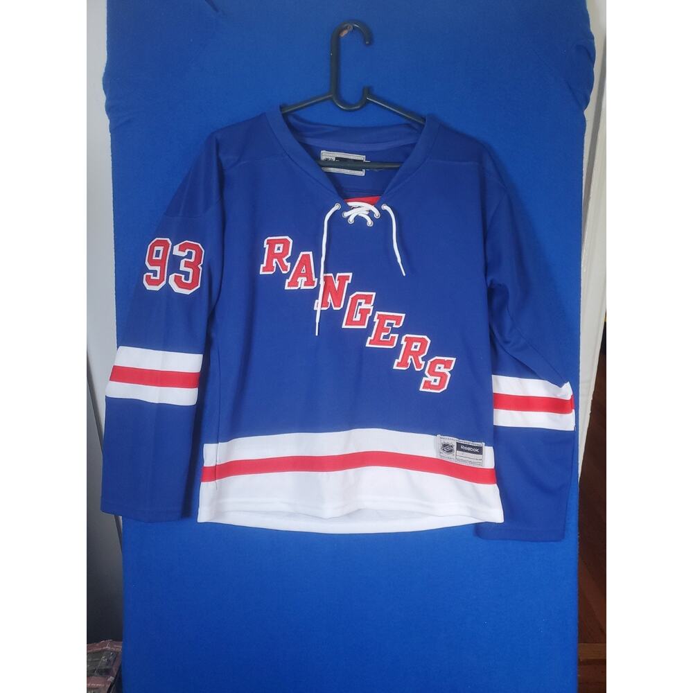 Reebok NY Rangers Mika Zibanejad 93 Blue Lace Up Hockey Jersey Women Size Large - Picture 15 of 16